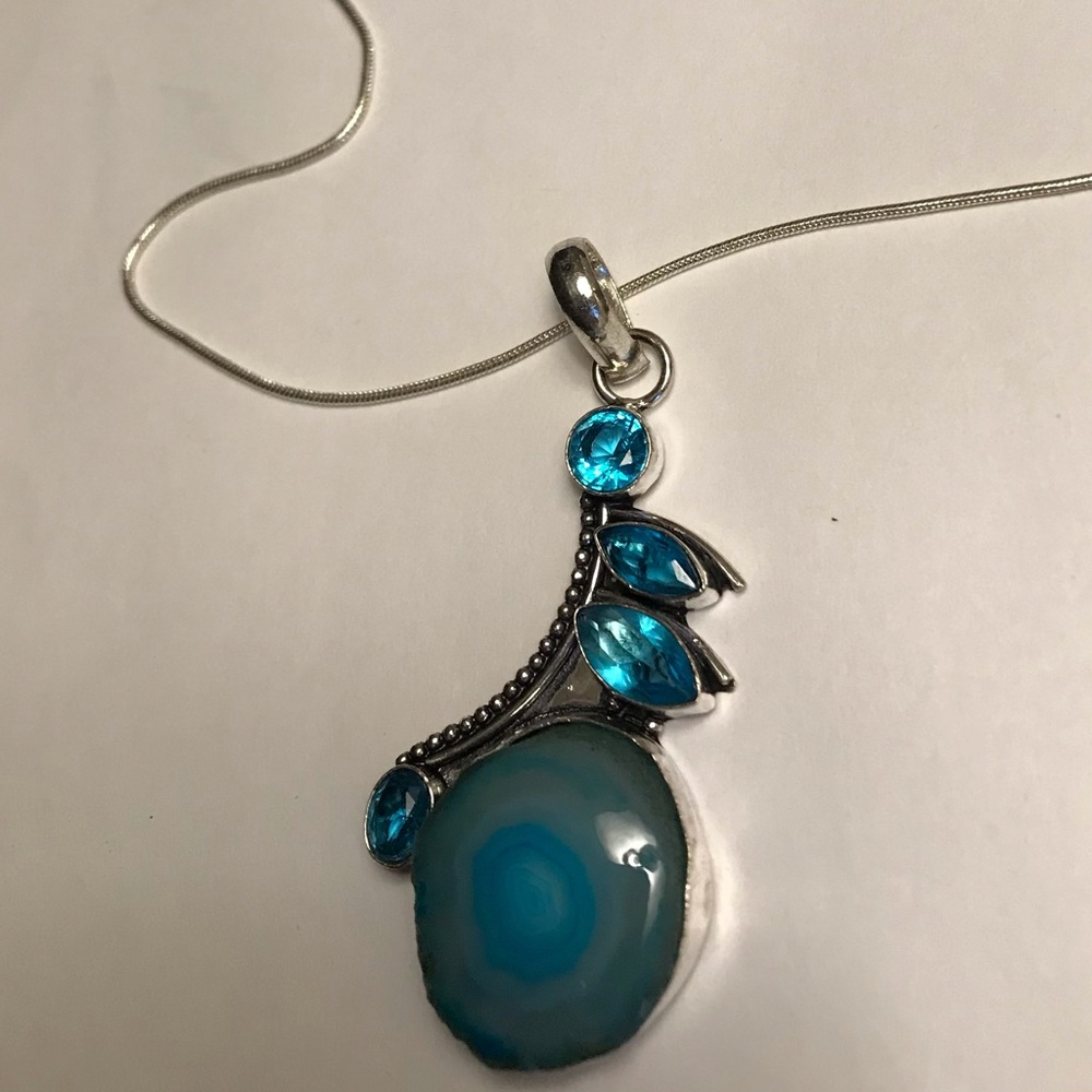 Solar Quartz Blue Topaz Stamped 925 Sterling Silver Necklace